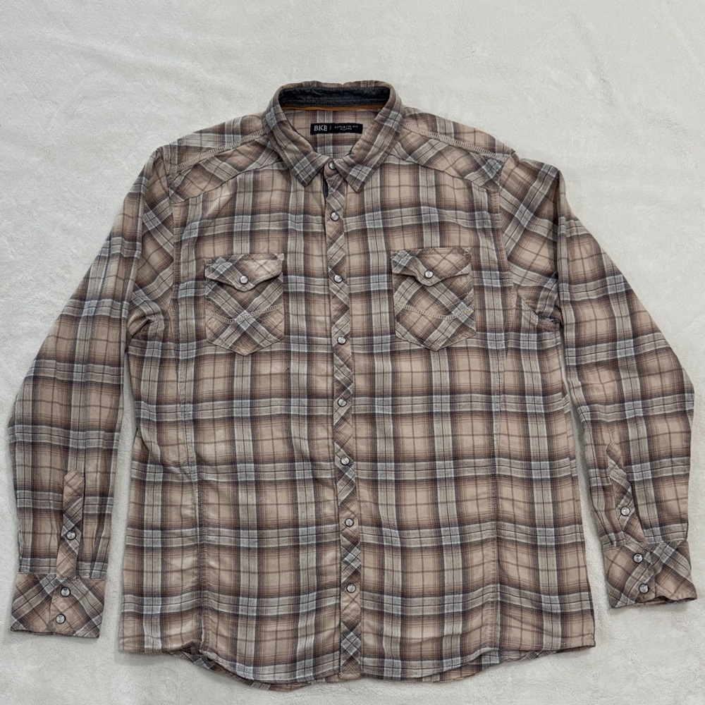 BKE Brown Plaid Casual Button Snap Down Shirt